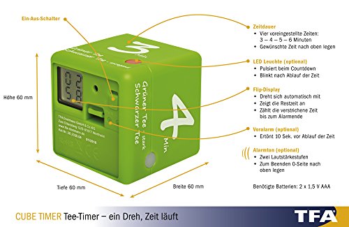 Digital Tea Timer, Ideal Brewing Time, Tea Accessories, Timer, Green, L 60 x W 60 x H 60 mm